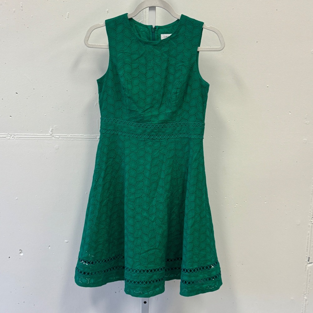 Calvin Klein Green Eyelet Cotton Fit and Flare Dress Petite 2P Sleeveless Summer